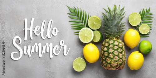 Wallpaper Mural Hello Summer Text with Pineapple, Lemons and Limes Torontodigital.ca