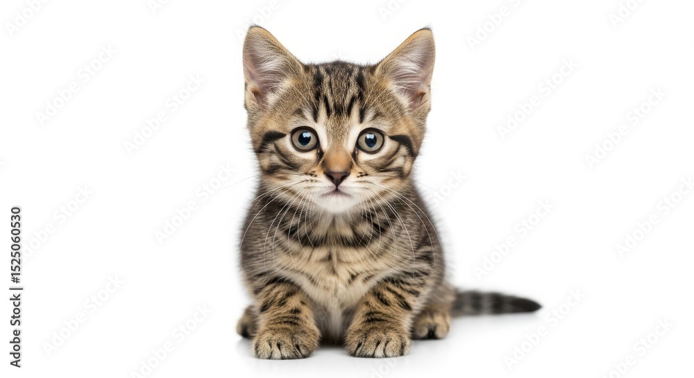 Obraz premium A small tabby kitten sitting upright on a white surface looking directly at the camera with big eyes