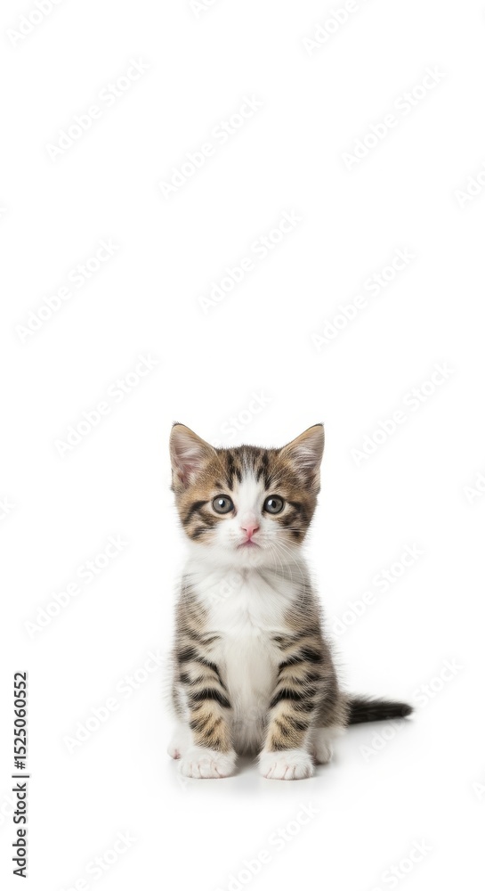 Obraz premium A small tabby kitten with white chest sitting upright on a white background looking at the viewer