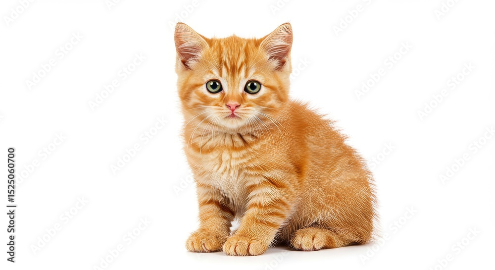 Obraz premium A small orange tabby kitten sitting and looking directly at the camera on a white background