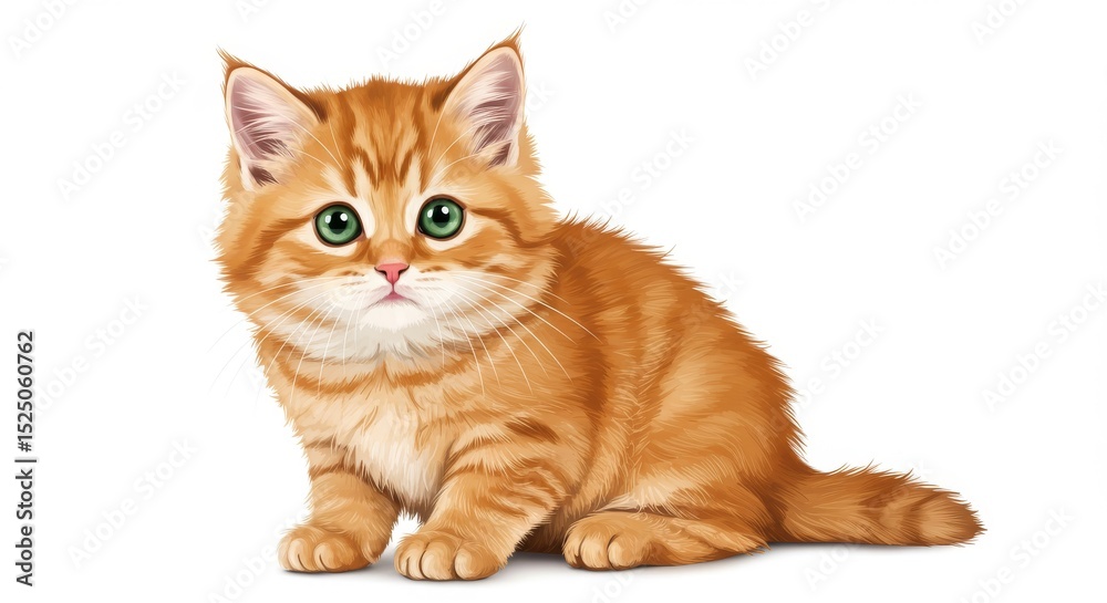 Fototapeta premium A charming ginger kitten with captivating green eyes sits against a white background looking adorable