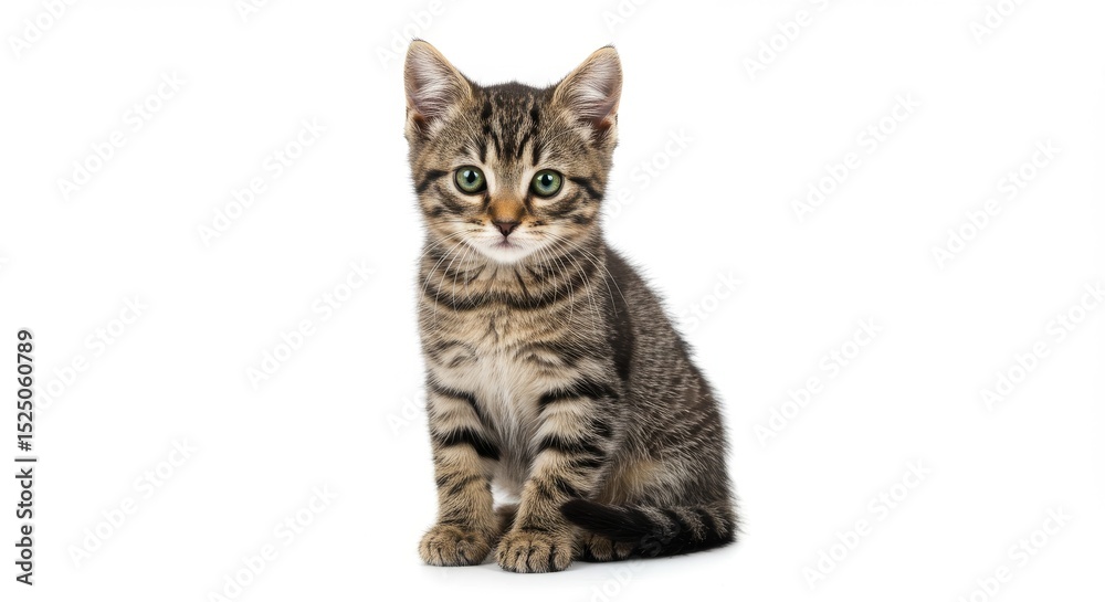 Fototapeta premium A tabby kitten sitting upright with green eyes and a curious expression on a white background in studio light
