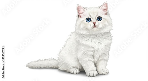 An illustration of a white cat with blue eyes sitting on a white background looking at the viewer