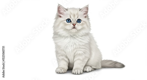 White fluffy kitten with blue eyes sitting and looking forward on a plain white background in a studio shot