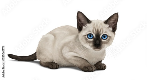 A siamese cat with blue eyes crouching down on a white background looking directly at the viewer