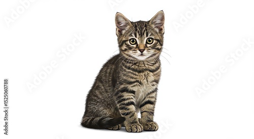 A tabby kitten sitting upright with a white background looking directly at the camera with yellow eyes