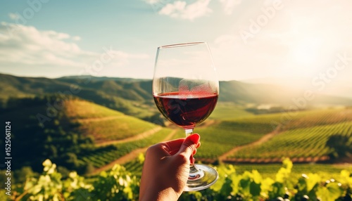 A hand holds a glass of red wine against a backdrop of a bright green vineyard in the hills.