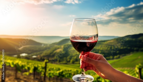 A hand holds a glass of red wine against a backdrop of a bright green vineyard in the hills.