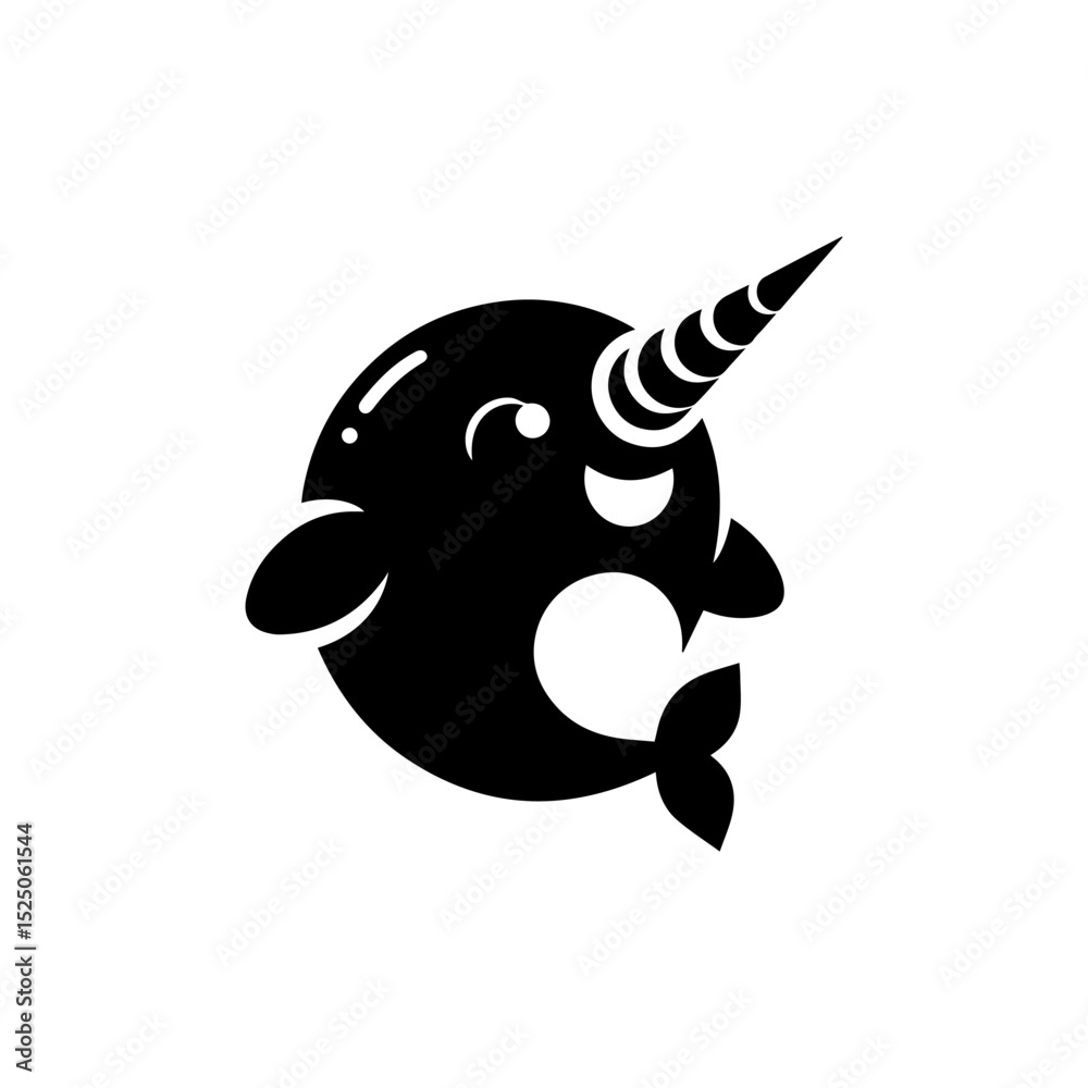 Fototapeta premium Playful narwhal animal icon in black silhouette vector format highlighting its characteristic long tusk