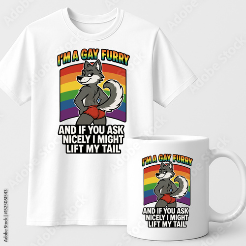 I'm a Gay Furry Pride T-shirt and Mug Design – Bold LGBTQ+ Furry Character with Rainbow Flag and Funny Quote

