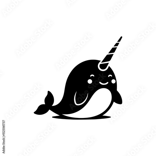Elegant narwhal silhouette logo design with prominent spiral tusk in minimalist black vector illustration