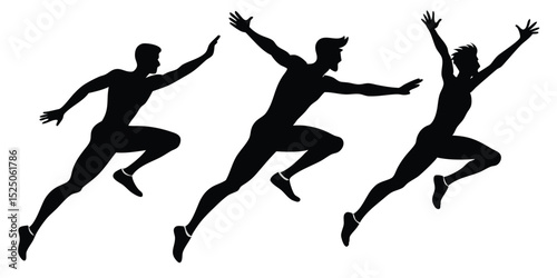 Black Silhouette Illustration of Three Men in Motion, Running with Arms Raised