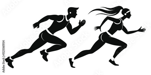 Silhouette Illustration of a Man and Woman Running in Athletic Wear on White