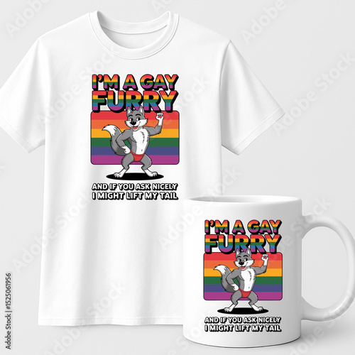 I'm a Gay Furry Pride T-shirt and Mug Design – Bold LGBTQ+ Furry Character with Rainbow Flag and Funny Quote

