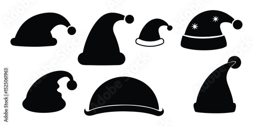 Collection of Black Santa Hats Silhouette Illustrations for Christmas Holiday Season Design