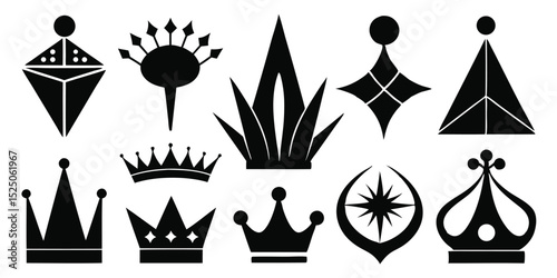Black and White Featuring Assorted Abstract Shapes and Crown Designs on White Background
