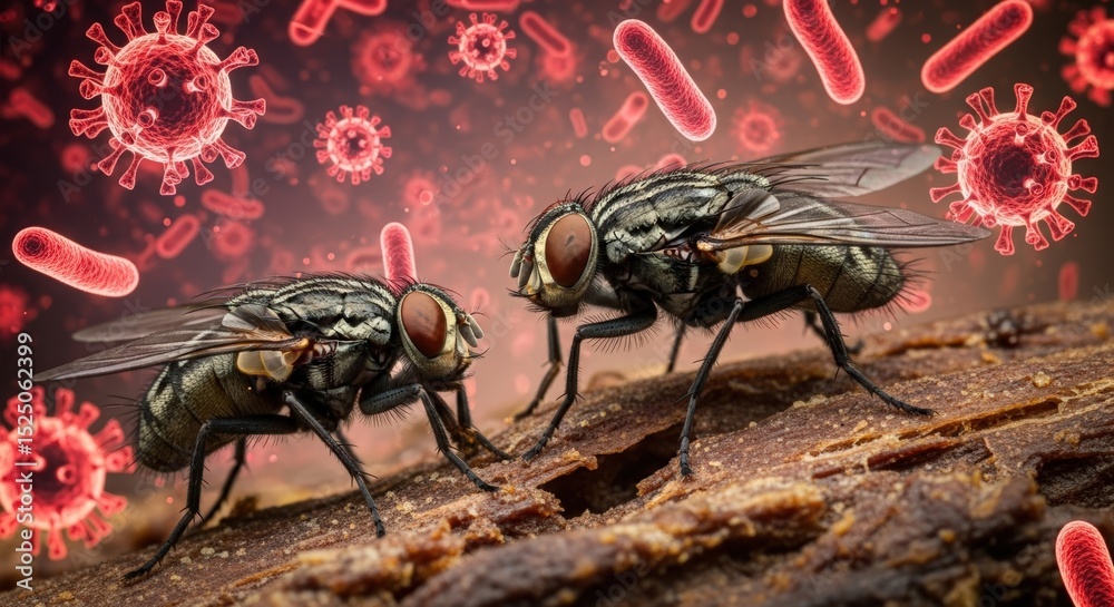 Fototapeta premium Two House Flies on Wood with Coronavirus and Bacteria Background