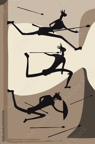 Art of ancient people. Rock painting. Primitive drawings. Everyday scenes from the life of ancient people