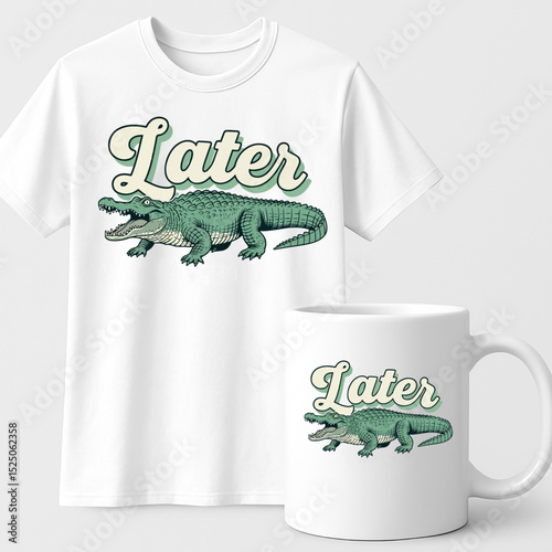 Later Alligator T-shirt and Mug Mockup – Fun Retro Cartoon Design for Apparel and Gifts

