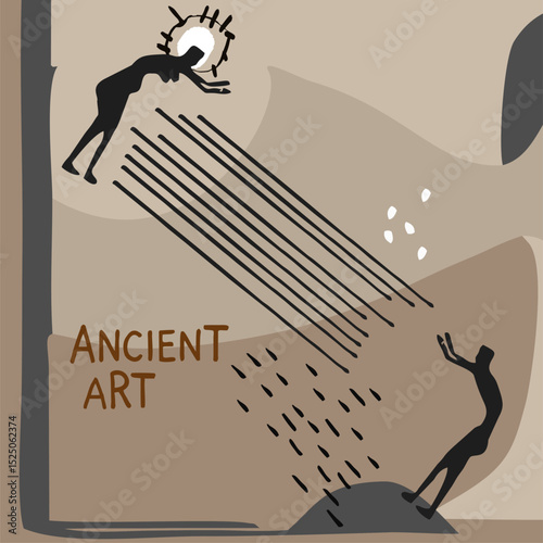 Art of ancient people. Rock painting. Primitive drawings. Everyday scenes from the life of ancient people