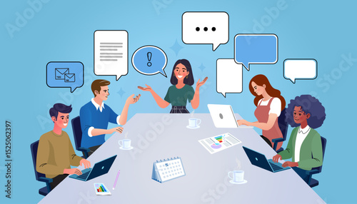 A diverse business team collaborates in a corporate office meeting. A female leader at the conference table leads a brainstorming session for project planning and a new creative strategy.