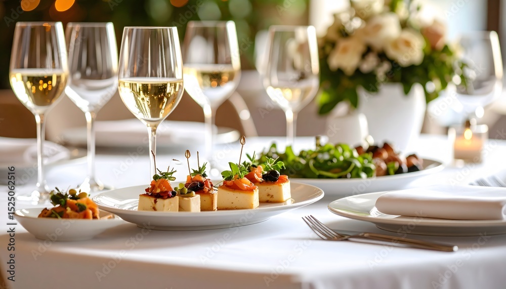 Elegant dining table setup with wine and gourmet appetizers Elegant dining table setup with wine and gourmet appetizers