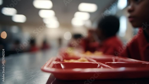 Kids enjoying meal in school cafeteria during lunchtime with red trays and focused conversations