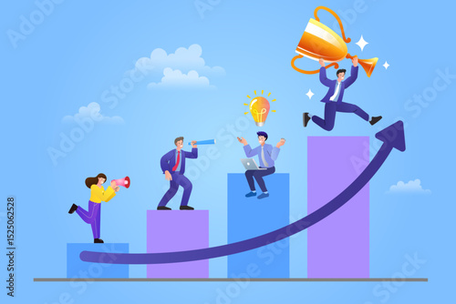 Group of people jumping holding trophy. golden cup and confetti. Business team achievements. Get reward and celebrate.