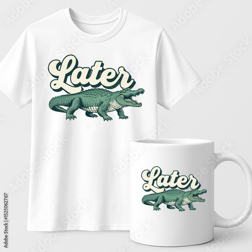 Later Alligator T-shirt and Mug Mockup – Fun Retro Cartoon Design for Apparel and Gifts

