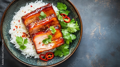 A vibrant plate showcasing braised pork belly served with steamed rice, garnished with fresh cilantro and red chili slices, creating a delicious Thai-style dish