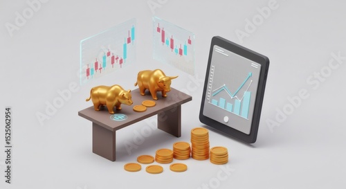Golden Bulls, Stock Market Trends, Investment Growth, Financial Success, 3D Render