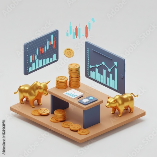 3D Render of Bull and Bear Market Statues with Stock Market Charts and Gold Coins