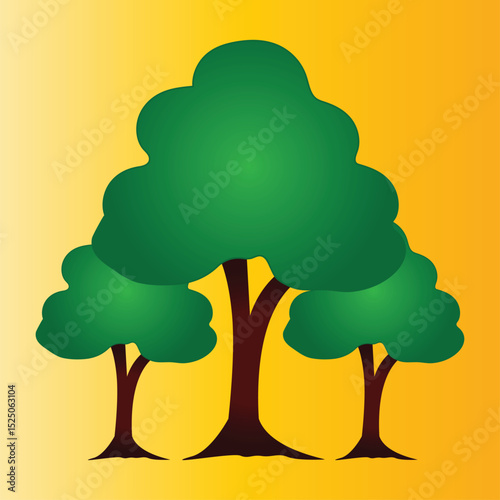 Colorful Tree Trio Illustration with Green Foliage and Yellow Background

