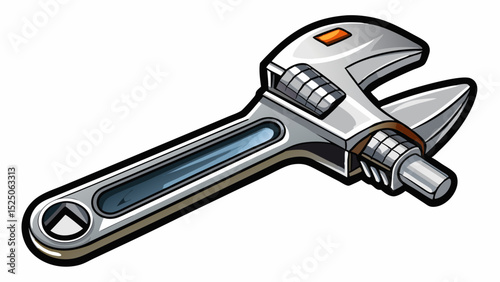 A shiny adjustable wrench with chrome finish, its jaws slightly open. Perfect for gripping various bolt sizes. Close-up on white background, ideal for automotive repair illustrations.