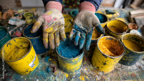 Close-up of paint-covered gloves above cans of yellow and blue paint, showcasing the artist's hands and creative process.  Symbol of hard work and artistic creation.