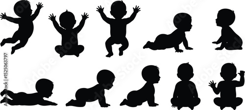 Vector silhouette illustration of crawling, sitting, jumping baby in various poses, infant growth stages, black baby silhouette