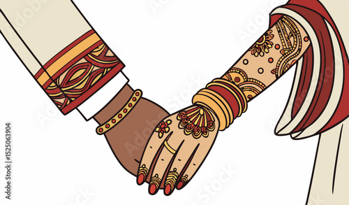 A bride and groom hold hands, adorned with vibrant traditional jewellery, bangles, henna designs, and wedding attire, symbolizing union