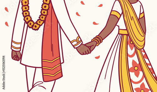 A bride and groom hold hands, adorned with vibrant traditional jewellery, bangles, henna designs, and wedding attire, symbolizing union