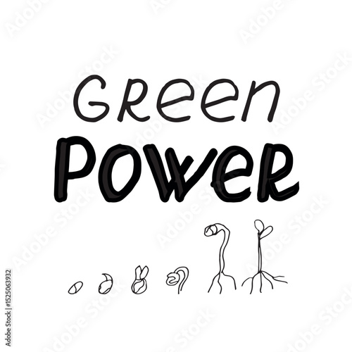 Hand-drawn Green Power lettering with seed to sprout growth stages, eco concept