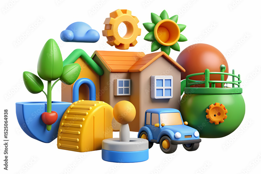 Obraz premium Vivid 3D illustration of toys and decorative elements creating a playful and creative atmosphere.
