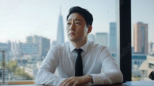 a Korean man in his 40s sitting at a conference room table, looking quietly out the window, city skyline behind, white shirt and black tie