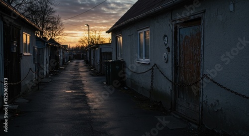 Dim alleyway garages with sunset glow