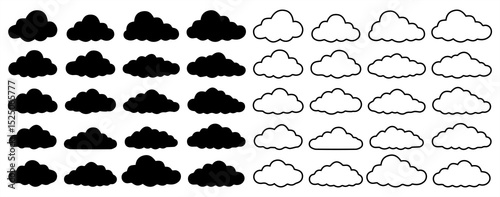 cloud icons set. Editable stroke thin line set. Natural weather symbol of rain, cloud services, hosting, silhouettes of clouds vector