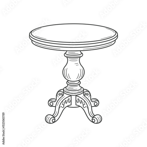 Elegant Round Pedestal Table Line Drawing Illustration