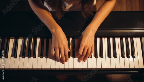 Close-up of a girl's hands on a synthesizer from the back.