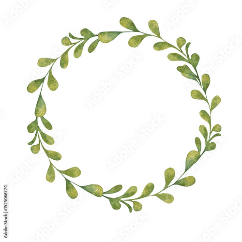 Hand drawn watercolor illustration. Botanical wreath of green branches and leaves. 