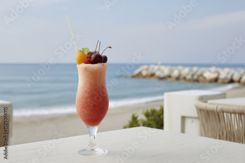 refreshing cocktail named fruit fantasy elegantly placed on white table beside sea