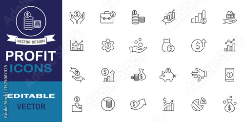 Profit icon set. Included icons as savings, money, finance, growth, investment, cash, income and more outline symbol collection. Set of 24 line icons related to profit. Editable vector illustration.