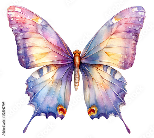 Bright Watercolor Fantasy Butterfly Clip Art on Transparent Background.
