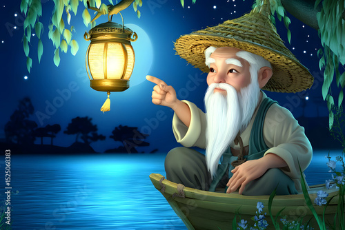 Wise Old Man with Lantern by the Serene Lake
